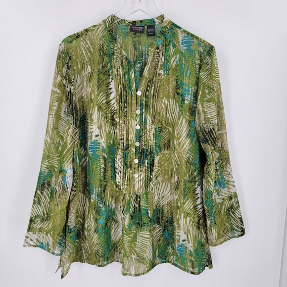 Chico's Additions Blouse Women's Large Leaf Botanical Print Semi Sheer Green - Picture 5 of 11